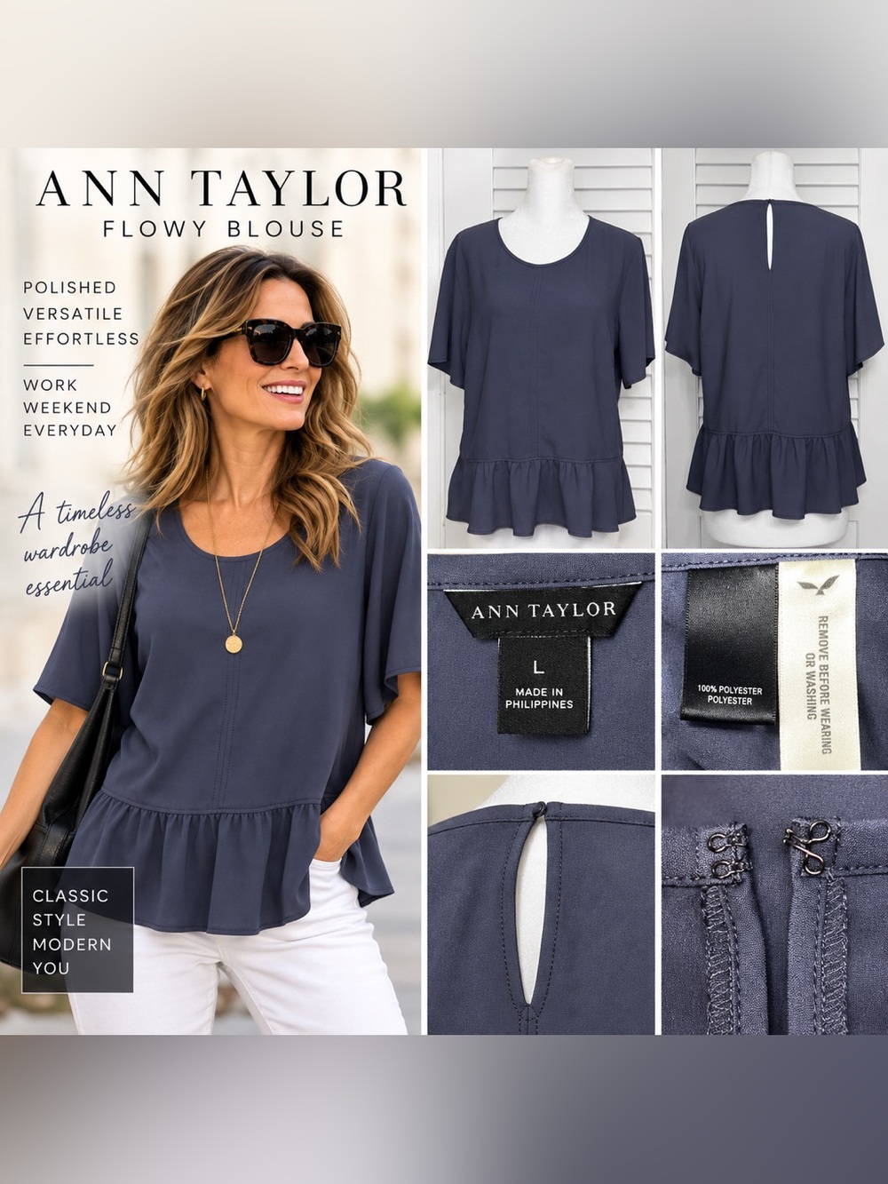 ANN TAYLOR Slate Blue Flowy Ruffle Hem Blouse Top Size Large